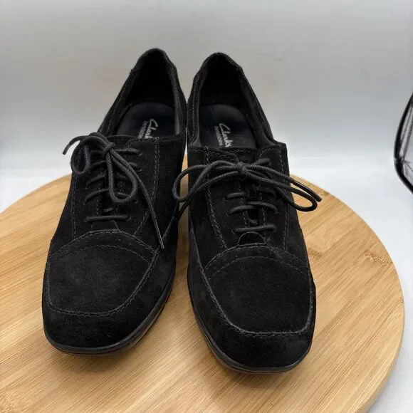 Clarks Bendables Honest Q Black Suede Oxford Pumps Lace Up Womens 8 W Wide Shoe - Picture 2 of 11